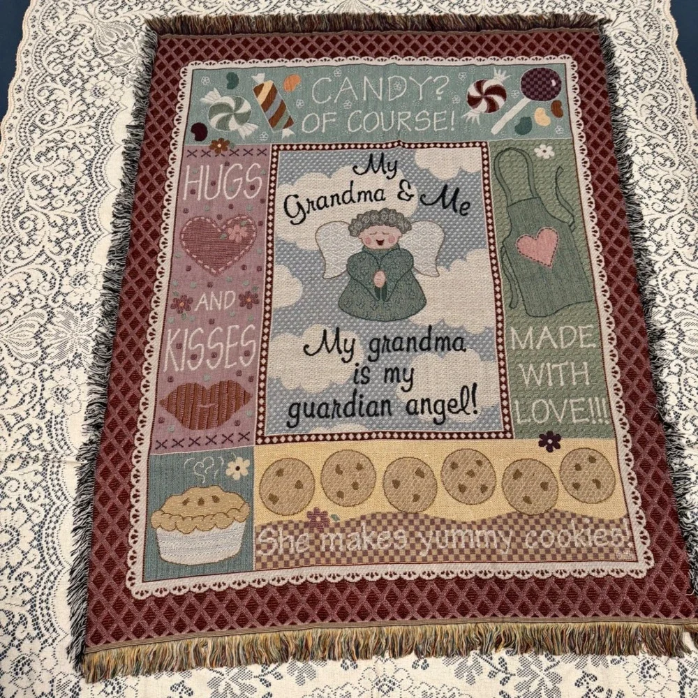 Vintage Woven Tapestry Blanket‎ Throw Grandma is My Guardian Angel Cottagecore